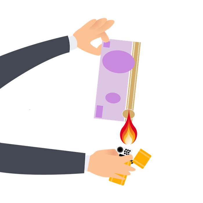 Cartoon of man lighting a note.