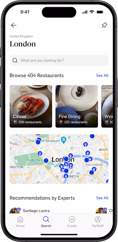 App page with London Destination page.