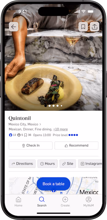 App page with Quintonil restaurant page.