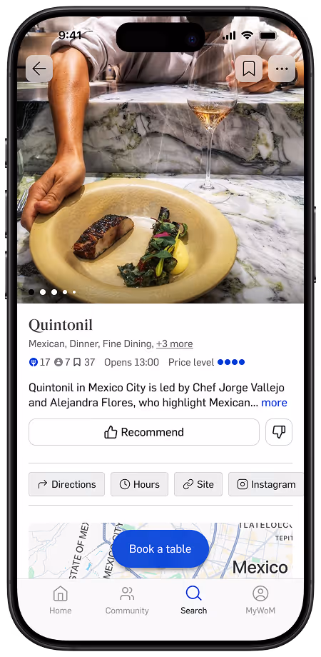 App page with Quintonil restaurant page.