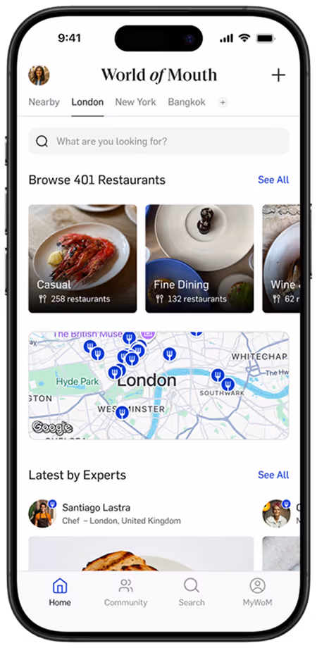 App page with London Destination page.