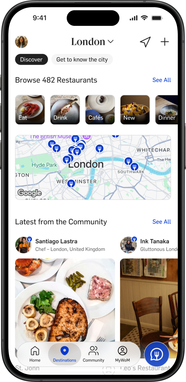 App page with London Destination page.