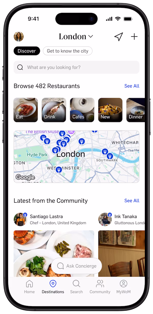 App page with London Destination page.