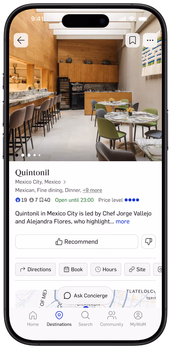 App page with Quintonil restaurant page.