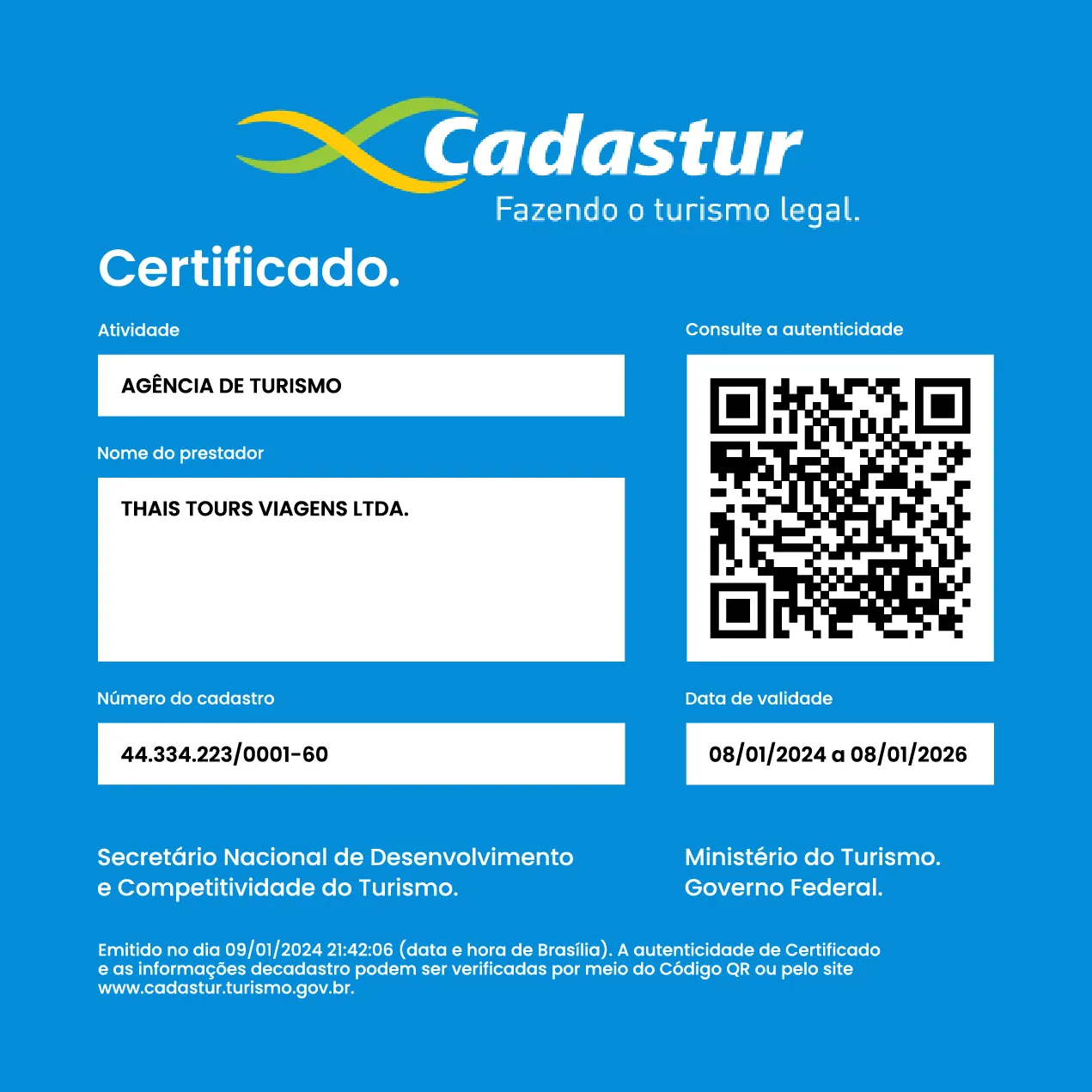 Certificado oficial do Cadastur que comprova o registro legal da agência Thaís Tours perante o Ministério do Turismo.