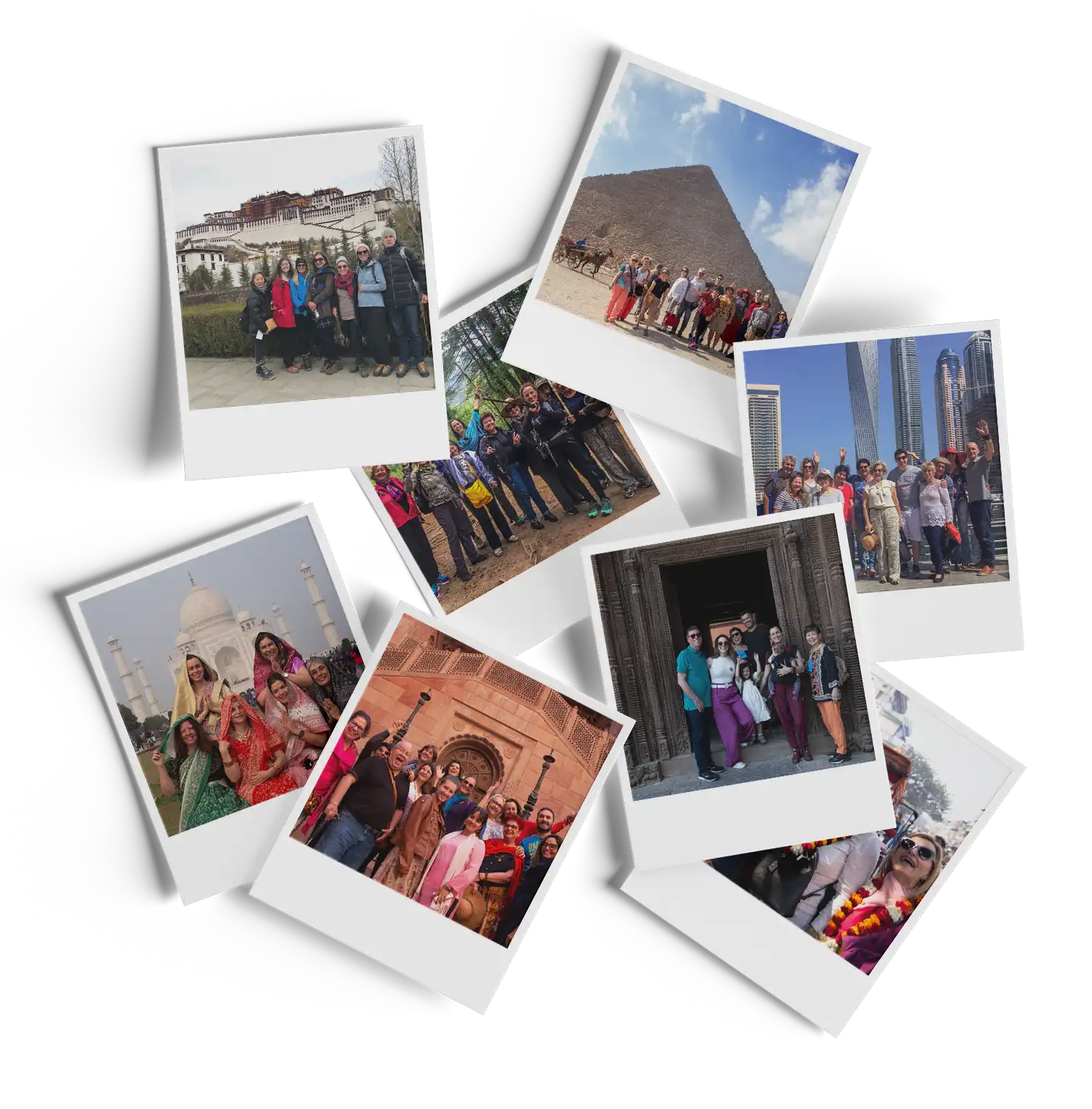 Mosaico com várias fotos estilo Polaroid mostrando grupos de turistas sorrindo e posando juntos em diferentes pontos turísticos do mundo, como o Taj Mahal, as Pirâmides do Egito e monumentos históricos.