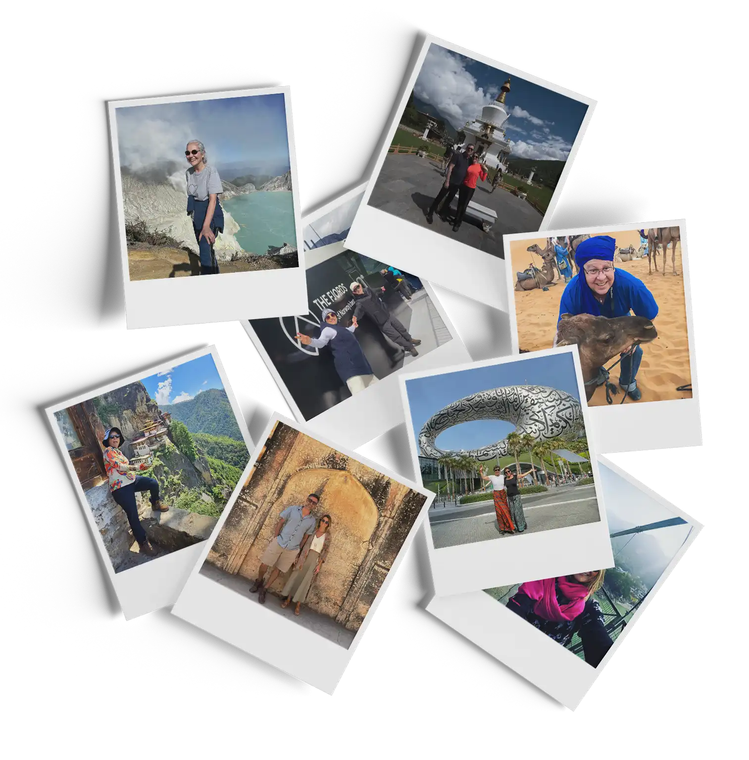Mosaico com fotos estilo Polaroid mostrando viajantes sozinhos e casais sorrindo em vários cenários pelo mundo, incluindo montanhas, desertos com camelos, templos e arquiteturas modernas.