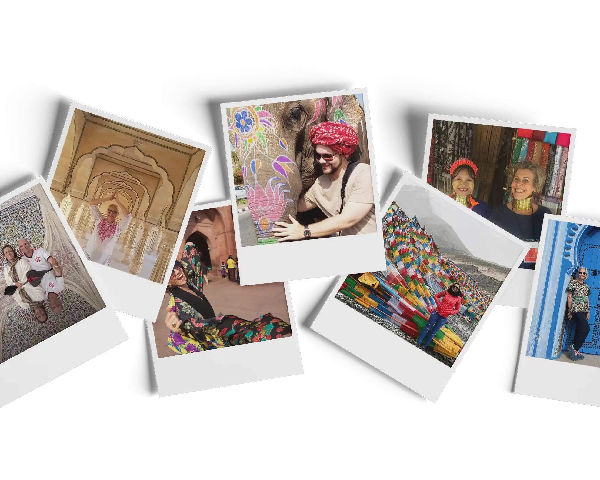 Mosaico com fotos estilo Polaroid mostrando diferentes viajantes sorrindo em destinos internacionais, incluindo um homem abraçando um elefante pintado, mulheres com colares tradicionais e pessoas em palácios e paisagens culturais.