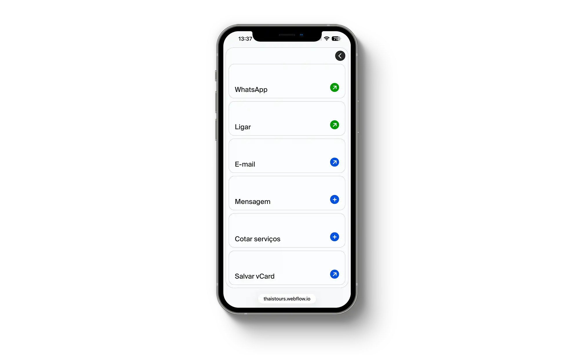 Smartphone centralizado sobre fundo branco exibindo uma tela com botões de contato organizados verticalmente, incluindo opções para WhatsApp, Ligar, E-mail, Mensagem, Cotar serviços e Salvar vCard.