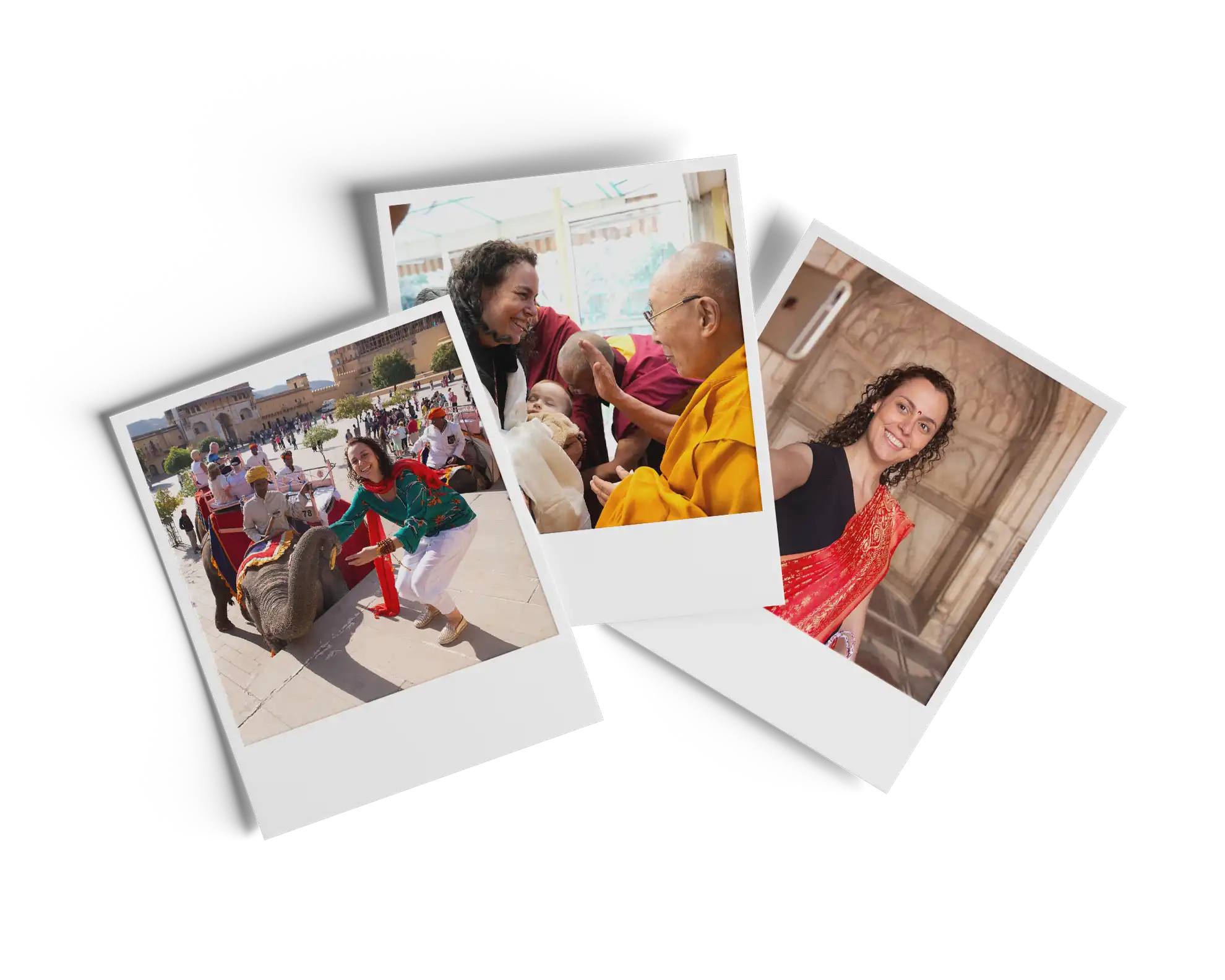 Três fotos estilo Polaroid sobrepostas mostrando a fundadora Thaís Ghussn em viagens internacionais, incluindo interações com um elefante decorado na Índia, um encontro com o Dalai Lama e uma selfie usando um sari vermelho.