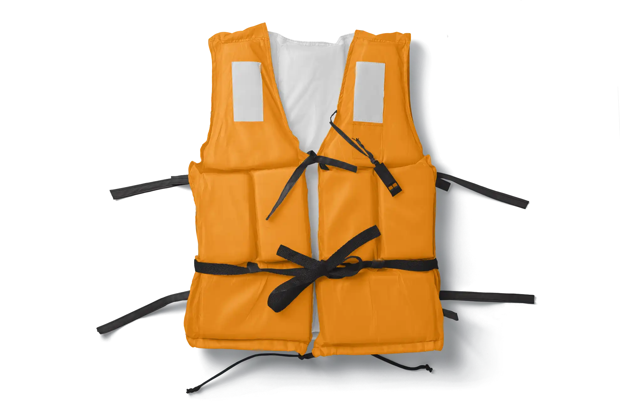 Colete salva-vidas laranja aberto com tiras pretas sobre fundo branco, simbolizando proteção e segurança em viagens.