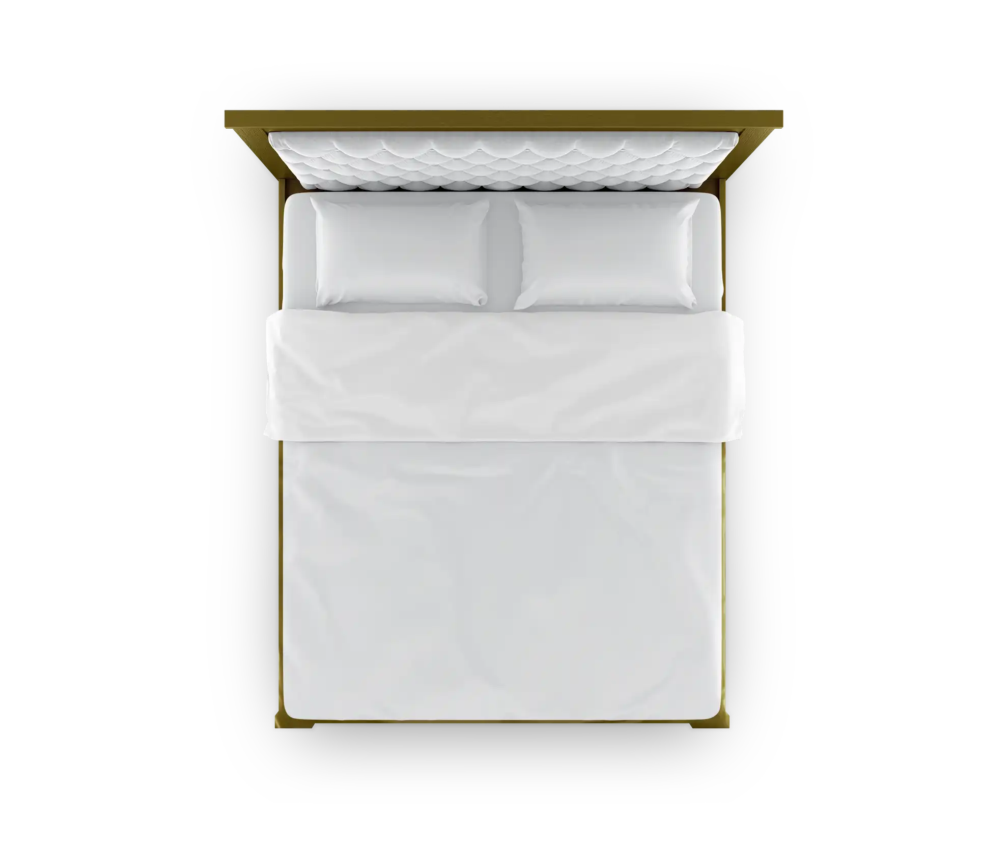 Vista superior de uma cama de casal arrumada com lençóis e travesseiros brancos e cabeceira estofada sobre fundo branco, representando acomodação e reserva de hotéis.