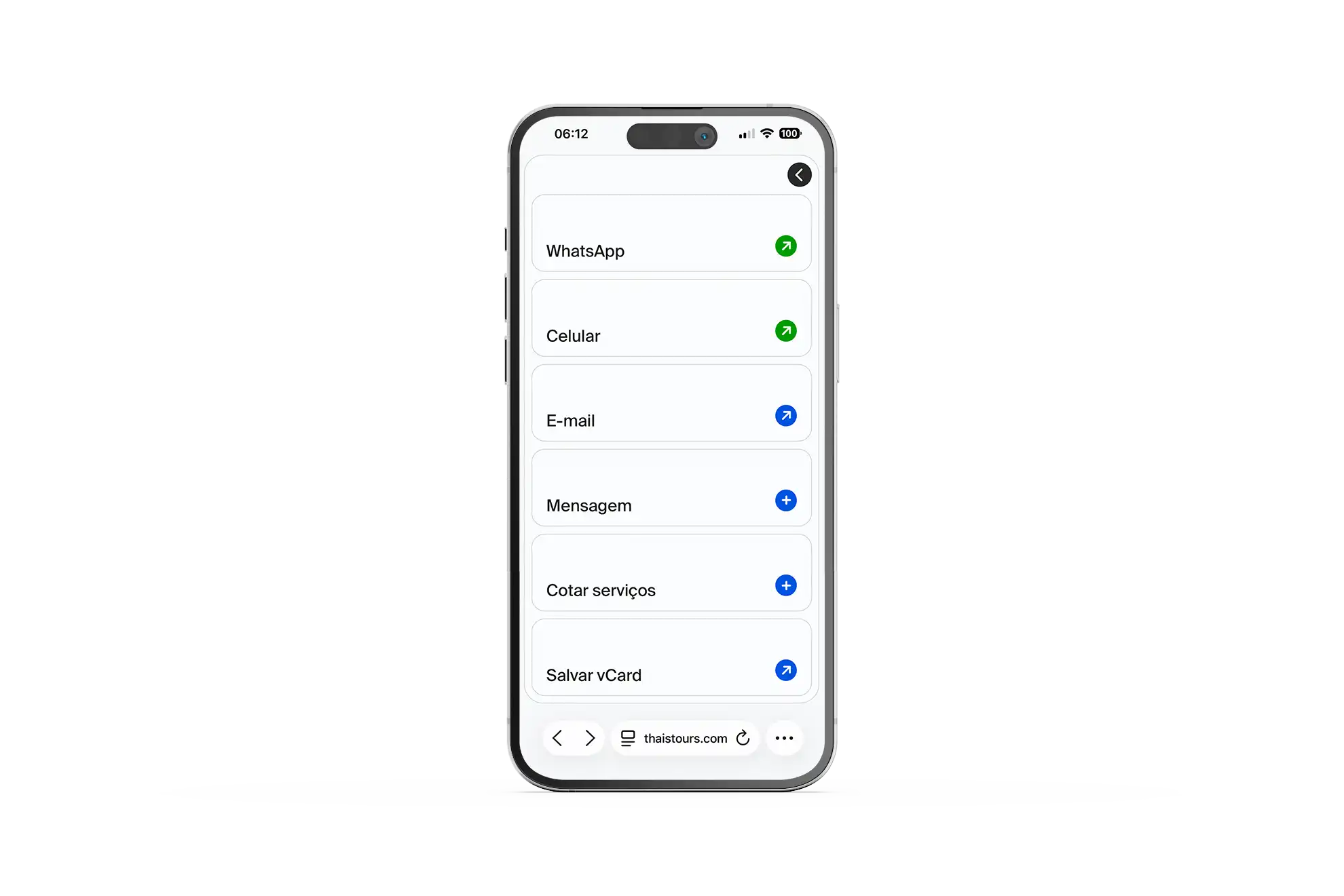 Smartphone centralizado sobre fundo branco exibindo uma tela com botões de contato organizados verticalmente, incluindo opções para WhatsApp, Ligar, E-mail, Mensagem, Cotar serviços e Salvar vCard.