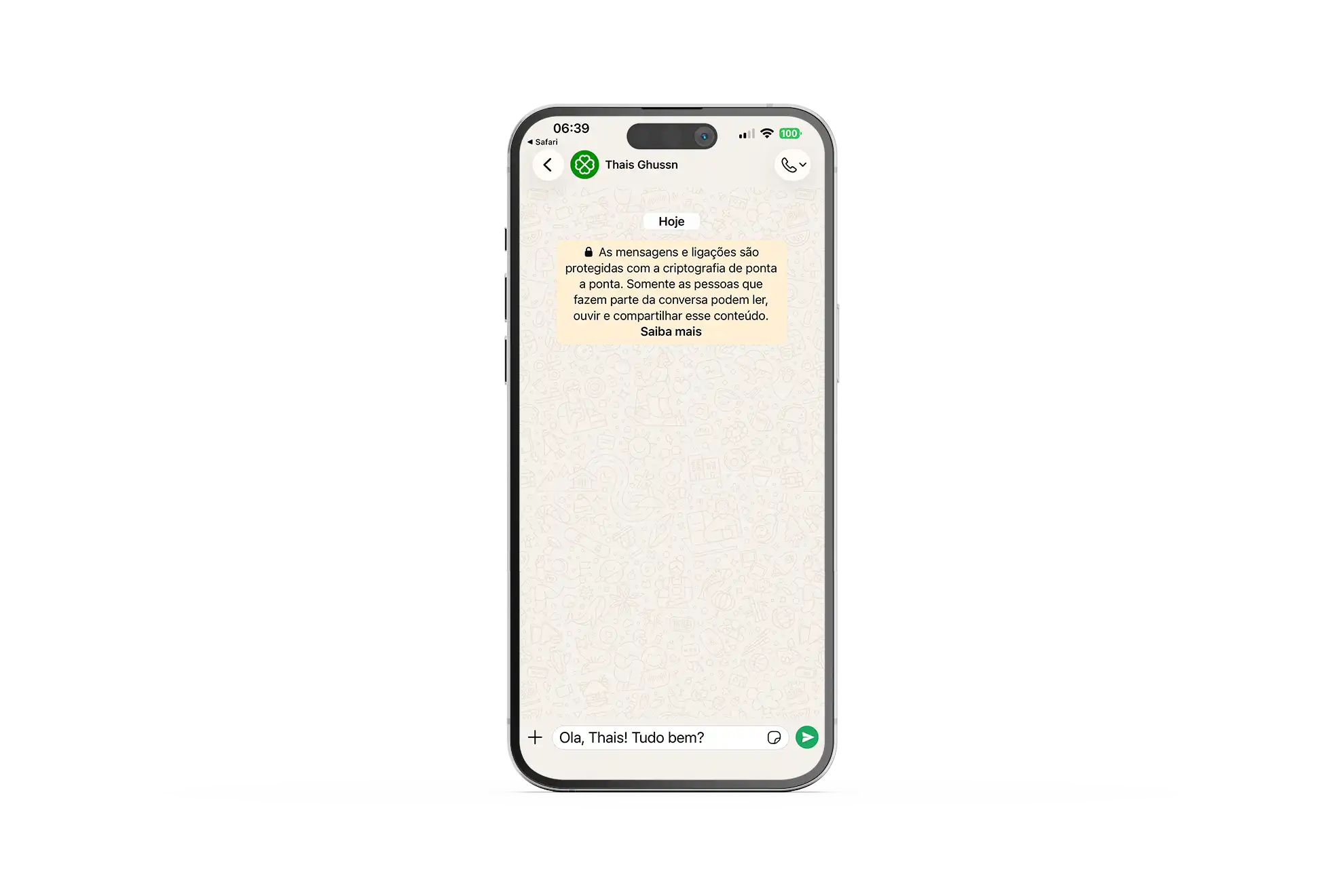 WhatsApp de Thaís Ghussn, fundadora da agência de viagens Thaís Tours, exibido em um iPhone com conversa direta pelo WhatsApp Business