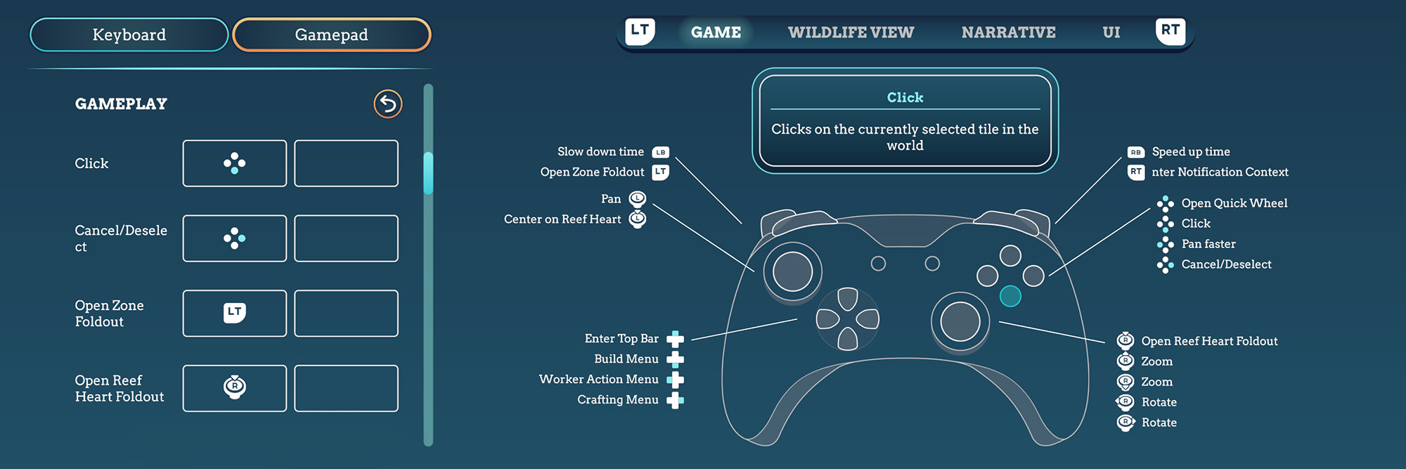 Keyremapping menu in Life Below. Shows menu where you can remap keyboard and gamepad inputs, with a shown highlighted graphic of the chosen input style. Players can rebind most actions in the game, from Gameplay and Camera as shown examples.