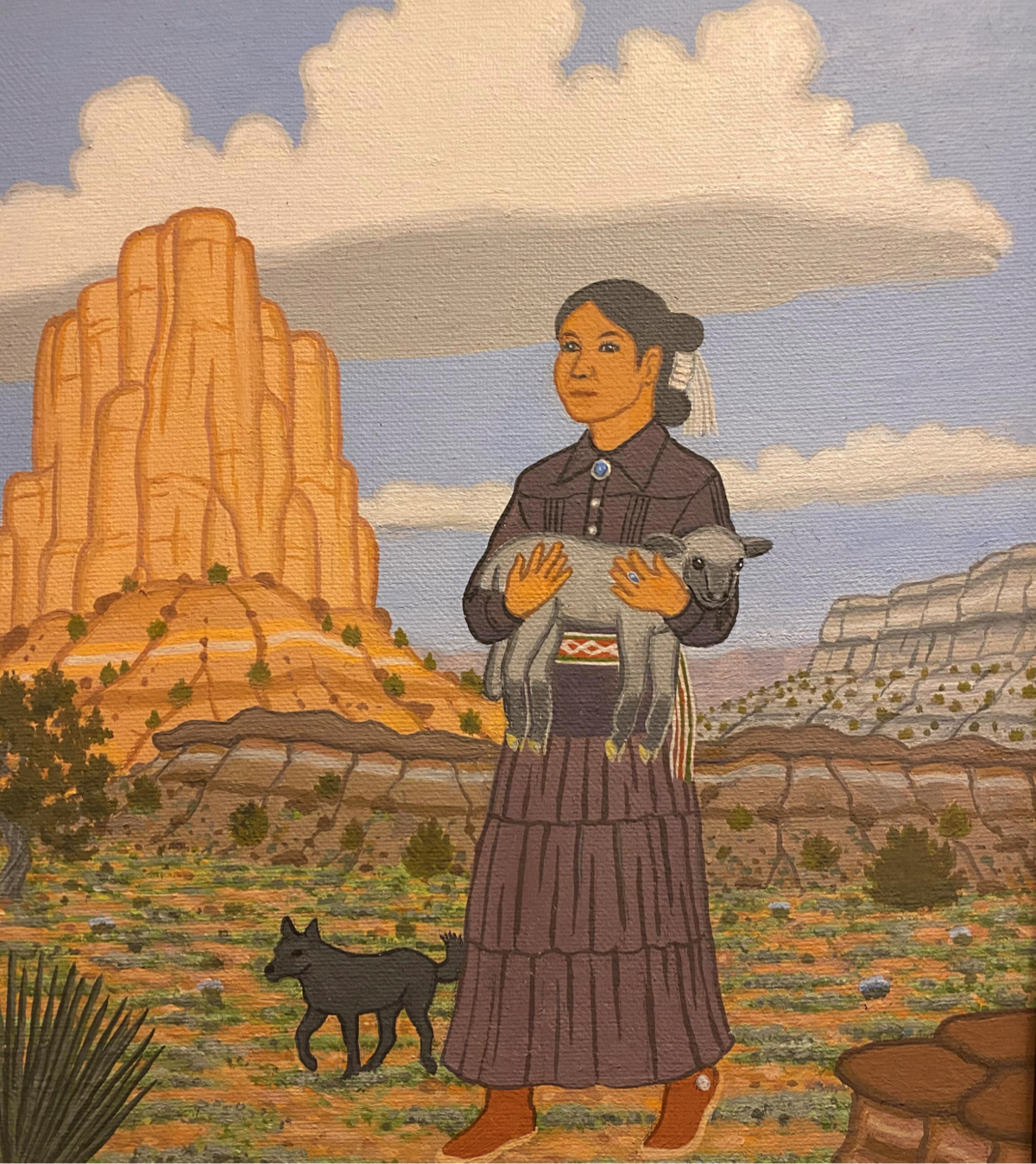 Painting of an indigenous woman carrying a lamb while a dog walks beside her.