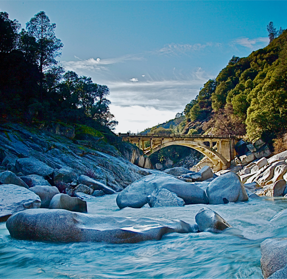 A view of the old bridge from the rocks of the river.