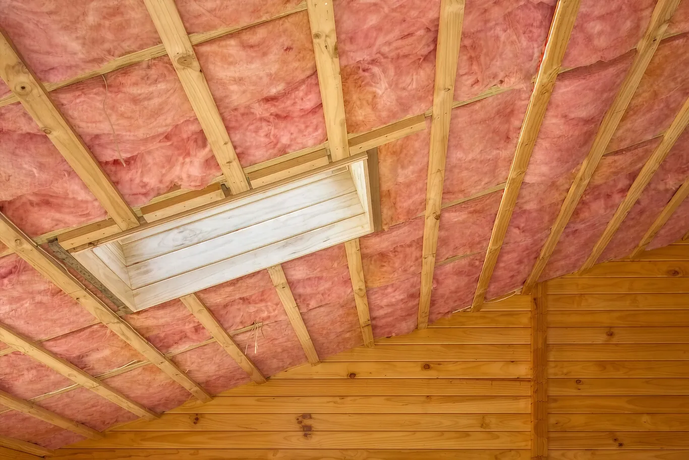 Pink insulation on wooden attic ceiling.