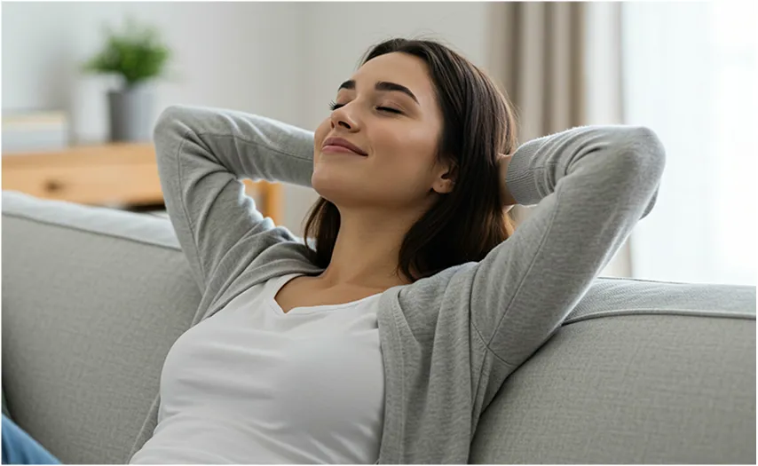 Woman relaxing on couch.