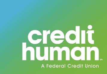 Credit Human logo on a blue and green gradient background, representing a federal credit union.