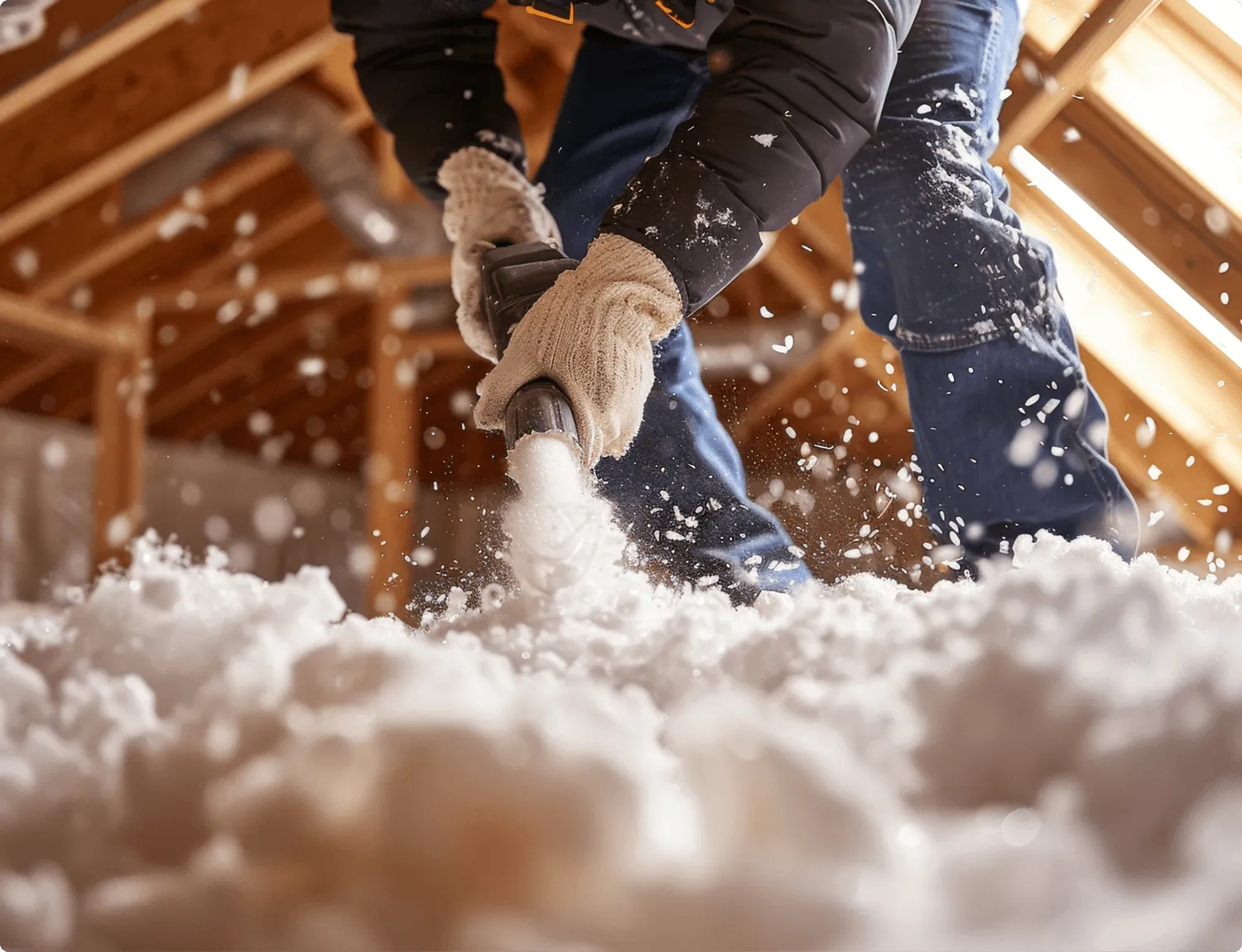 Blown-in attic insulation being installed to improve energy efficiency
