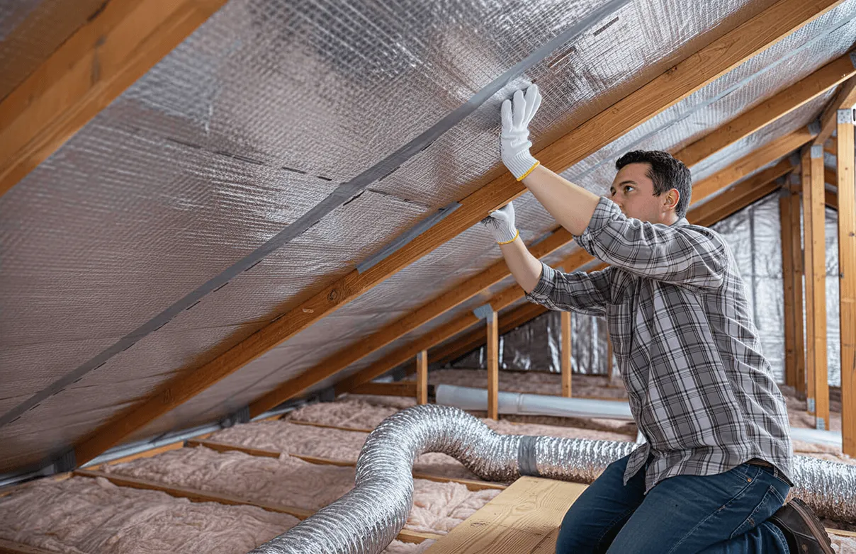 Installer adding thermal insulation inside a home