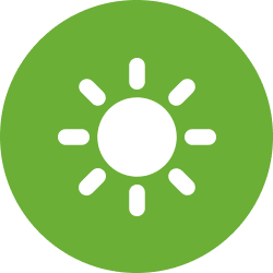 Green sun icon symbolizing comfortable indoor temperatures year-round with radiant barrier insulation