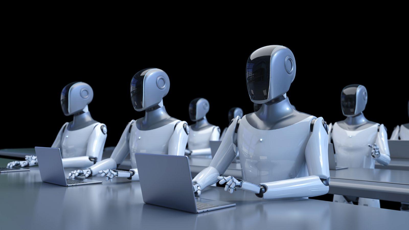 A group of robots sitting at a table with a computerAI-generated content may be incorrect.