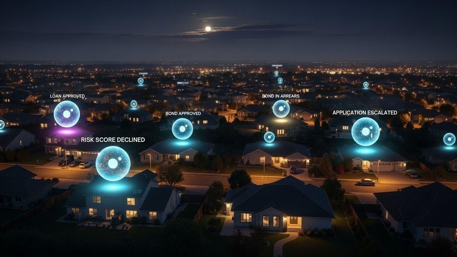 A group of houses with circles of lightAI-generated content may be incorrect.