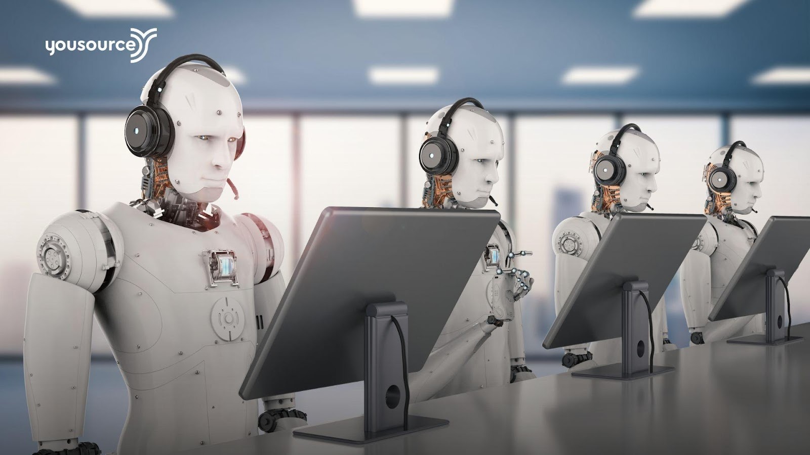 A group of robots with headsets and computersAI-generated content may be incorrect.