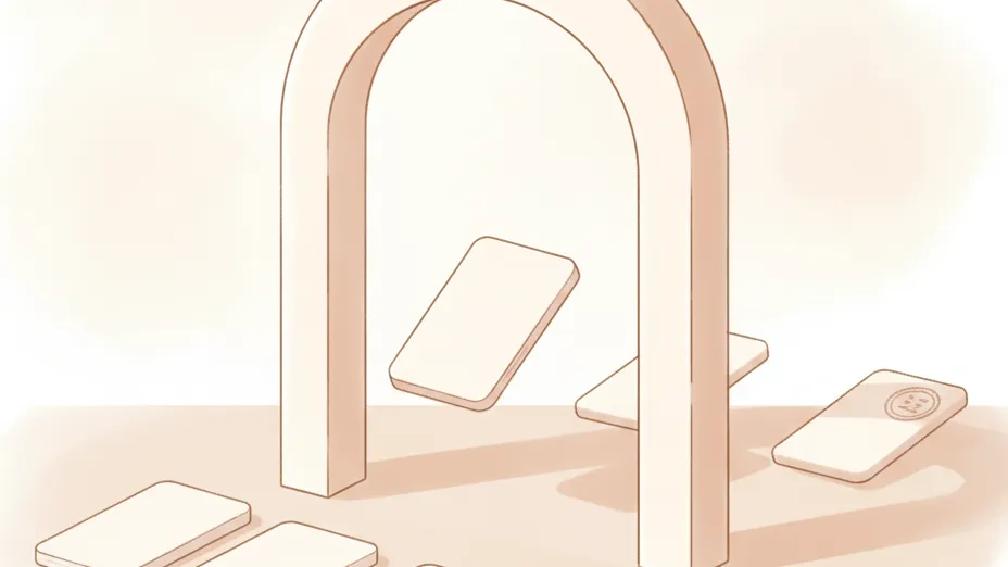 A task card passing through a client approval gate, with more identical cards queued behind and one approved card on the other side — the visual model for task-gated development.