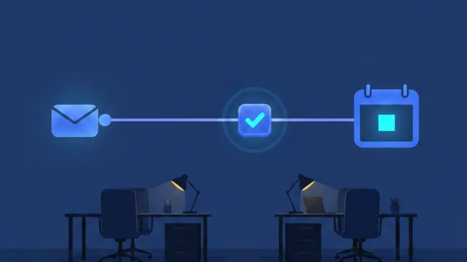 Agentic AI as an autonomous SDR agent: a glowing pipeline carries a late-night inbox reply through a human-approval checkpoint to a booked calendar meeting in a dark, empty office