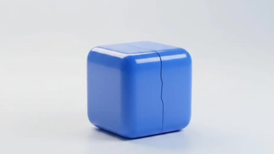 A smooth glossy release box with a single hairline crack on a calm surface - the hidden production defect that shipping without QA leaves behind.