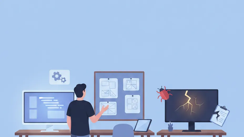 A founder deciding when to hire UX vs QA vs a developer, facing three empty product-team desks.