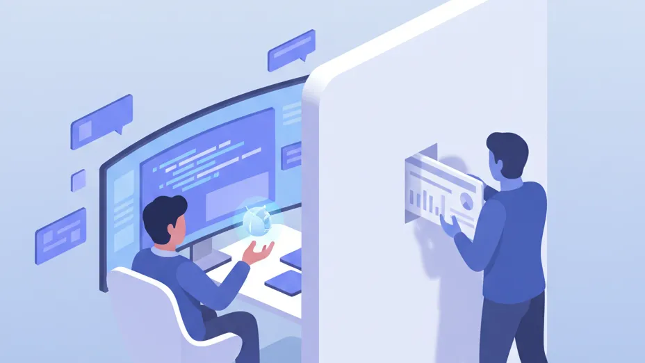 An embedded engineer catching a bug inside the codebase while an outside vendor slides over a pass/fail report, QA as a service vs in-house visibility.