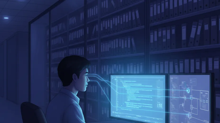 An engineer working beside shelved compliance binders in a hospital data center - healthcare software compliance moving from paperwork to code.