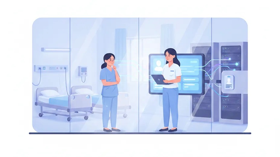 Engineer and clinician at a secured hospital boundary - custom software development for healthcare built inside the PHI perimeter.