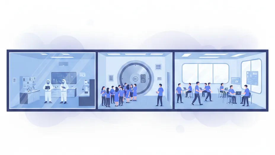 Healthcare software development illustrated as three building zones with different security levels