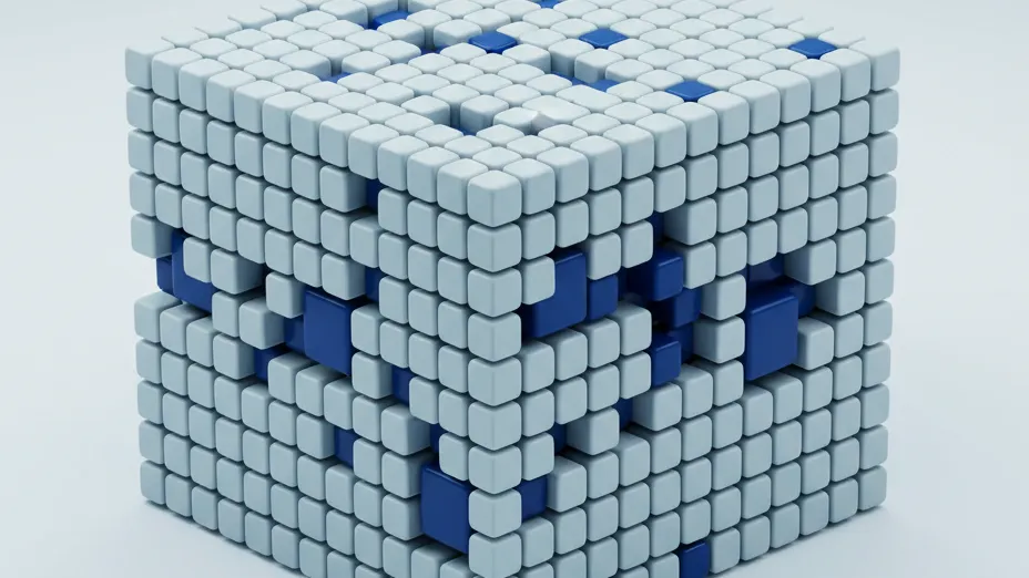 Three vivid cubes embedded inside a dense mass of pale ones, representing personal data retained inside a model's parameters