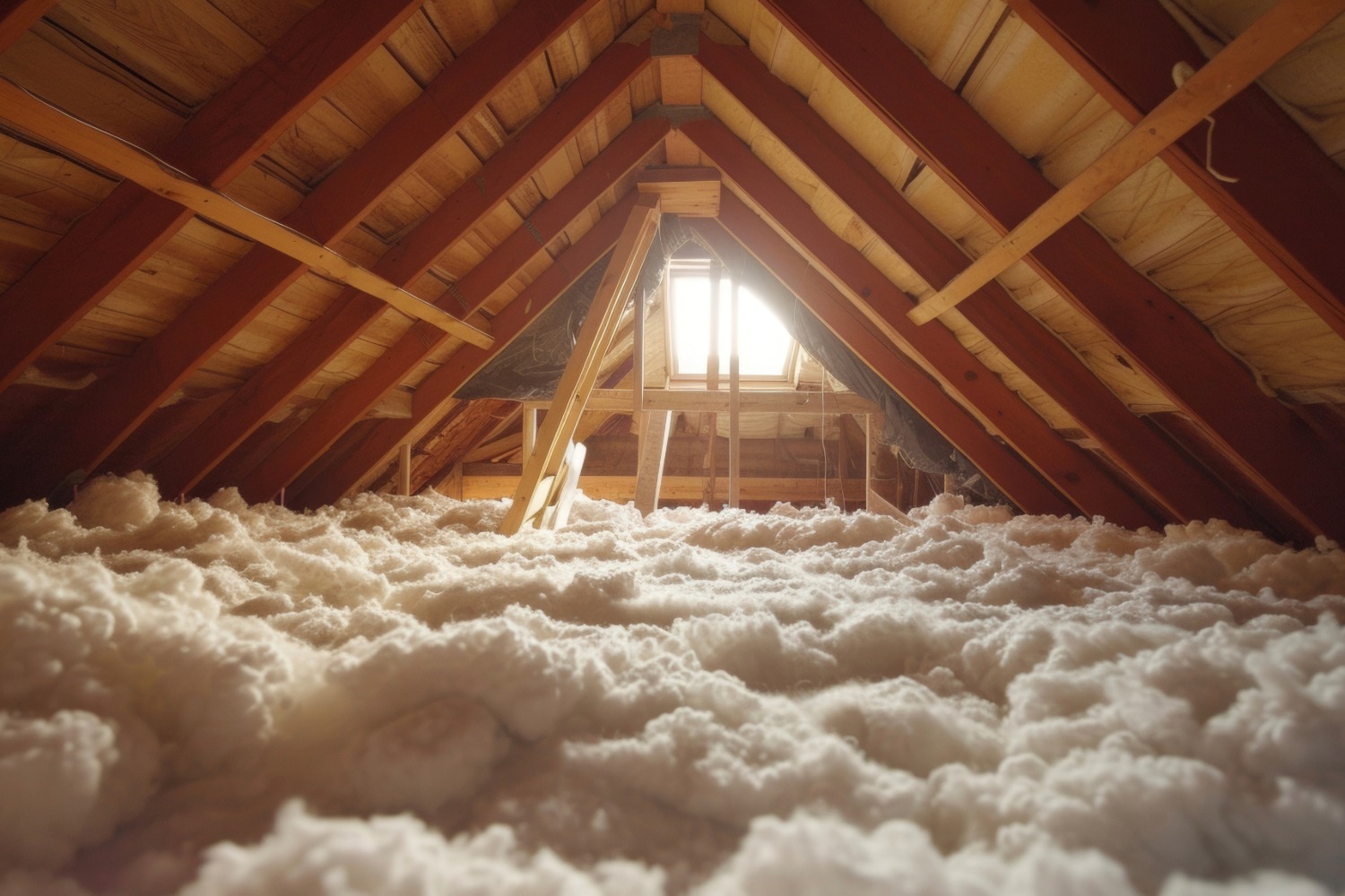 Attic space with wooden beams and freshly blown-in white insulation covering the floor between joists.