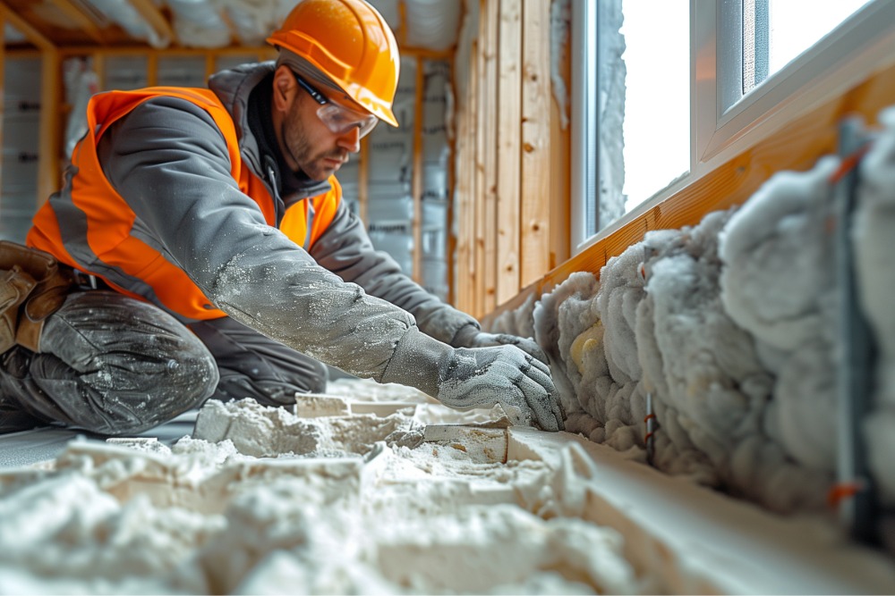 Construction worker kneeling inside a home under renovation, preparing insulation materials with tools spread out around him.