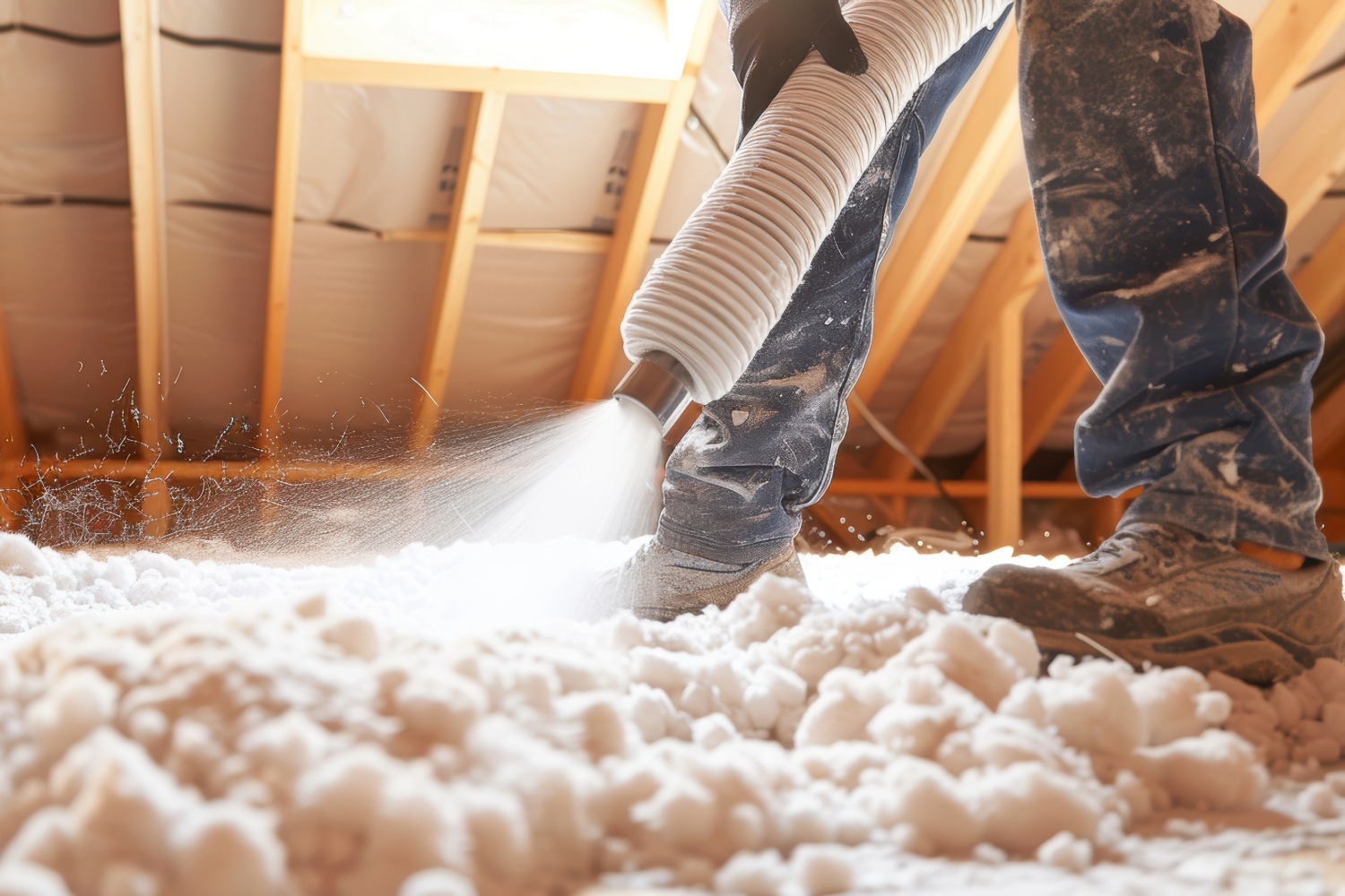 Worker spraying loose-fill insulation into an attic floor using a flexible hose during home construction.