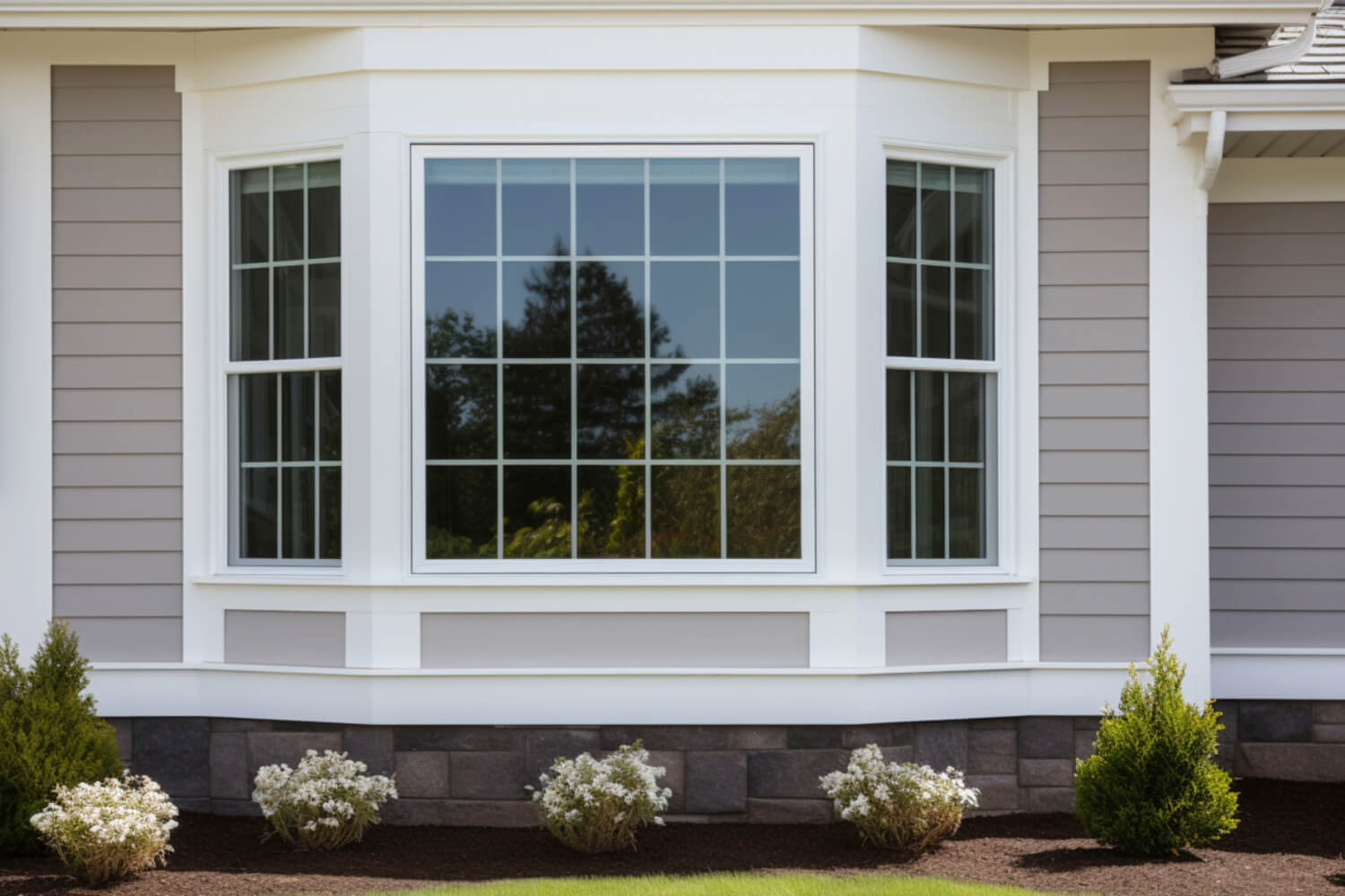 Bay window with grid design on suburban home.
