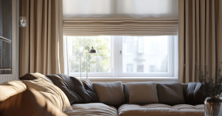 Cozy living room with sofa and large window.
