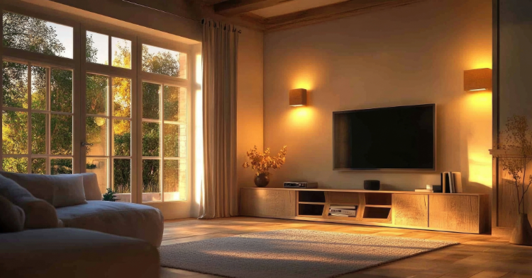 Sunlit living room with large windows and TV.