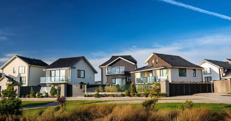 Modern energy-efficient homes in a suburban neighborhood.
