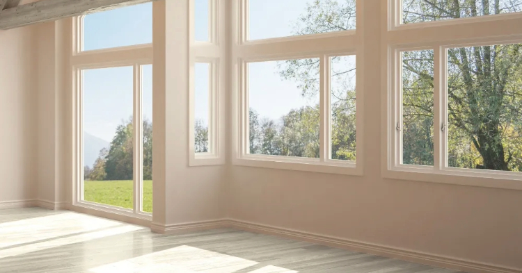 Sunlit room with large, energy-efficient windows.