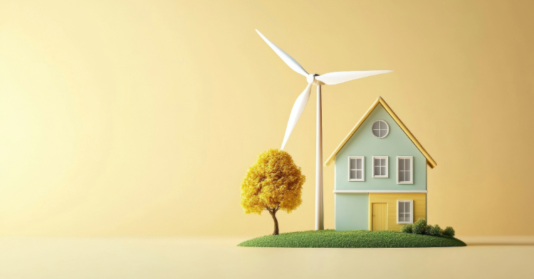 Mini house, tree, wind turbine on grass patch.