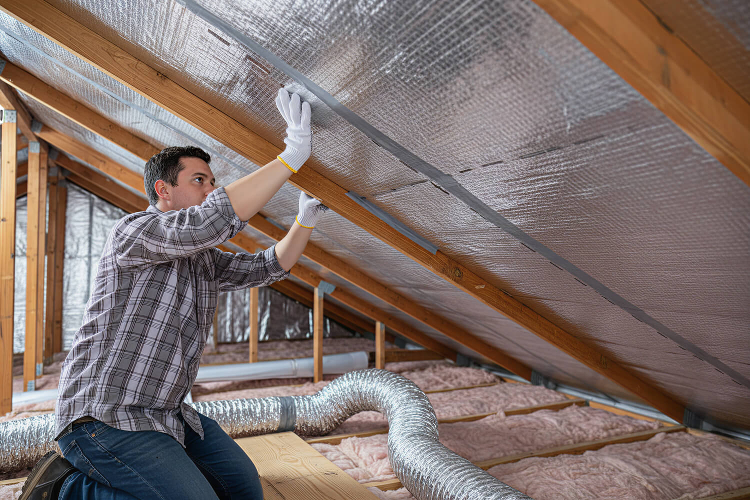 Man installing reflective attic insulation to improve energy efficiency and reduce heating and cooling costs.