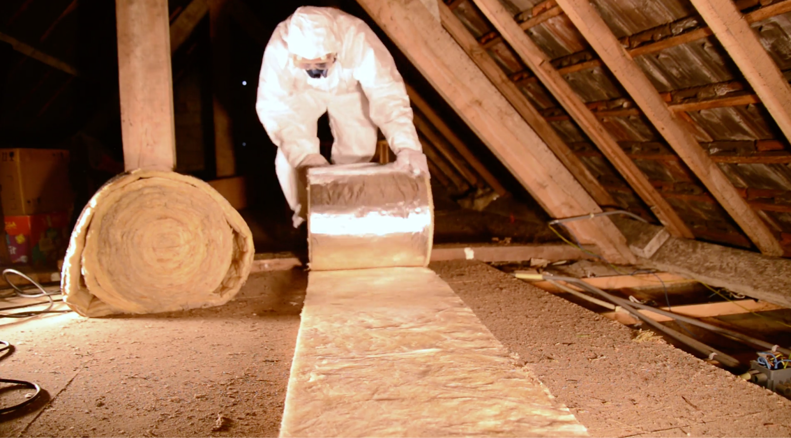 Worker in protective gear installing radiant barrier insulation in an attic